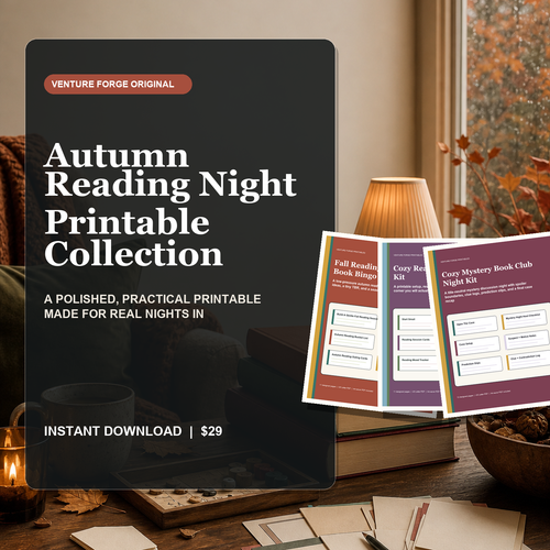 Autumn Reading Night Printable Collection with fall reading bucket list, reading nook ritual, and cozy mystery book club kits.