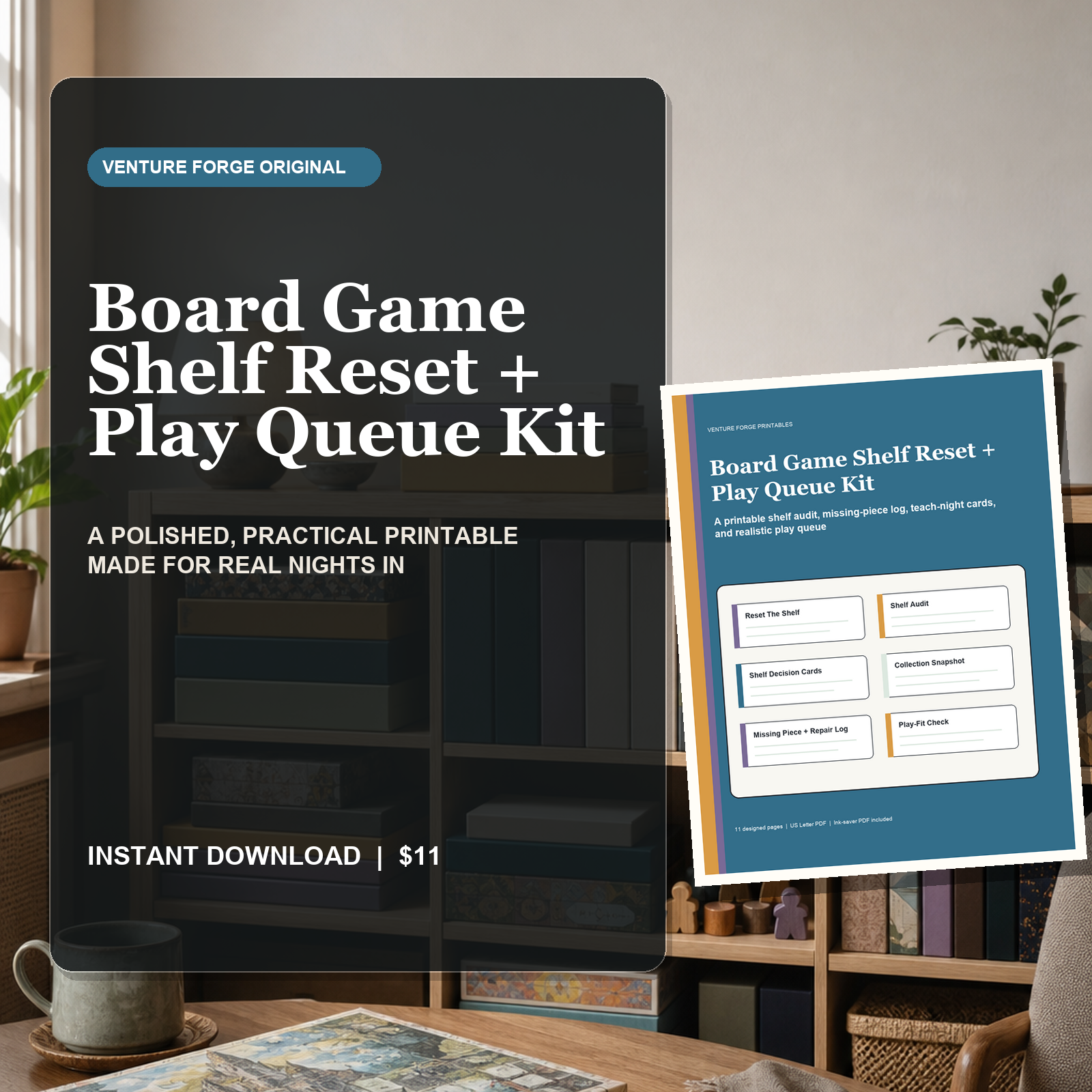Board Game Shelf Reset and Play Queue Kit with shelf audit cards, collection tracker, missing-piece log, and teach-night prompts.