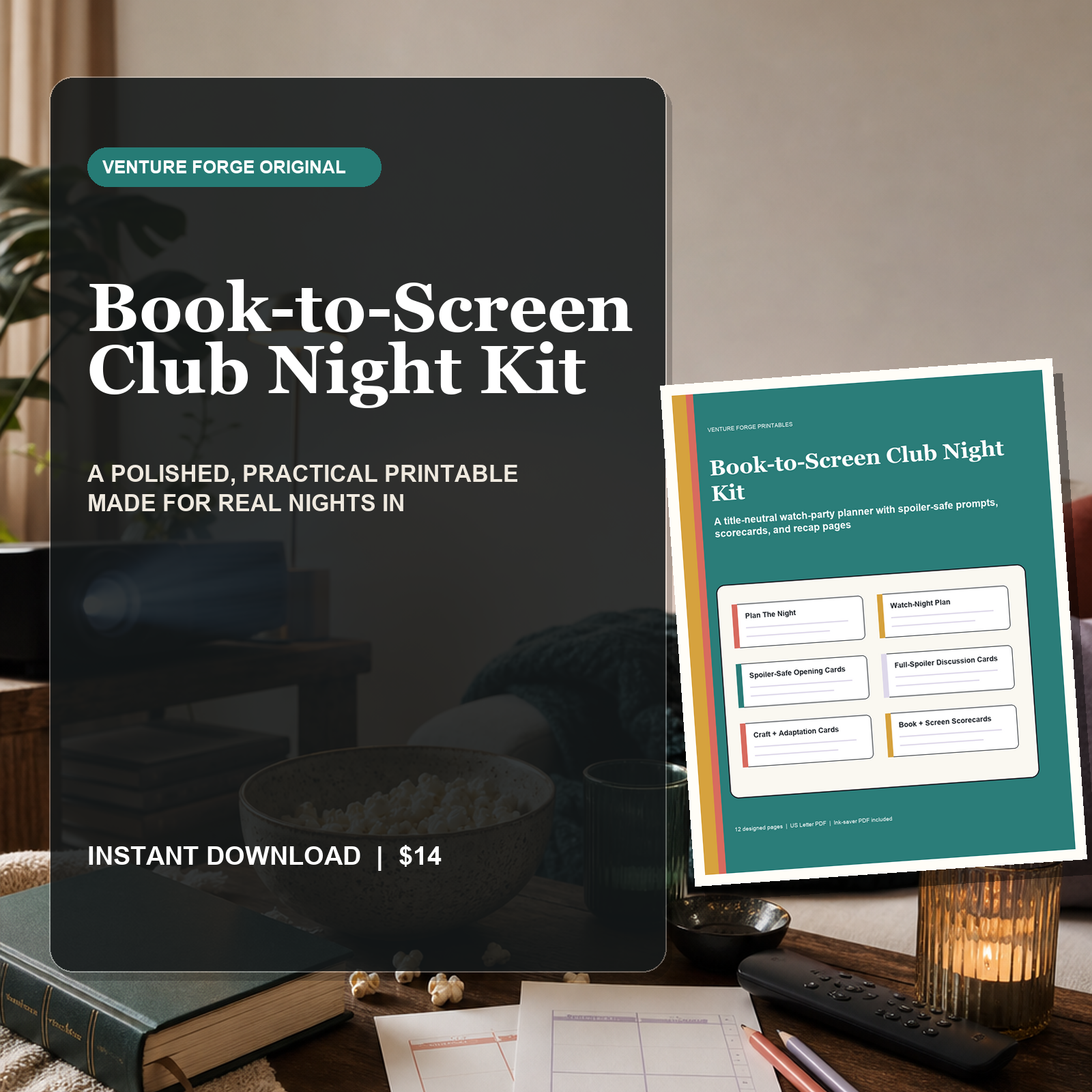 Book-to-Screen Club Night Kit printable with watch-night plan, spoiler-safe discussion cards, scorecards, and recap sheets.
