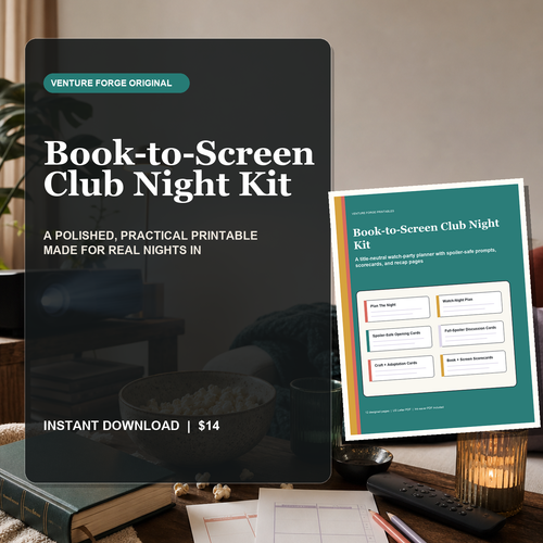 Book-to-Screen Club Night Kit printable with watch-night plan, spoiler-safe discussion cards, scorecards, and recap sheets.