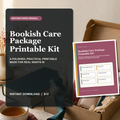 Bookish Care Package Printable Kit with gift tags, four bookmarks, mini book notes, wrap bands, and recipient reading prompts.