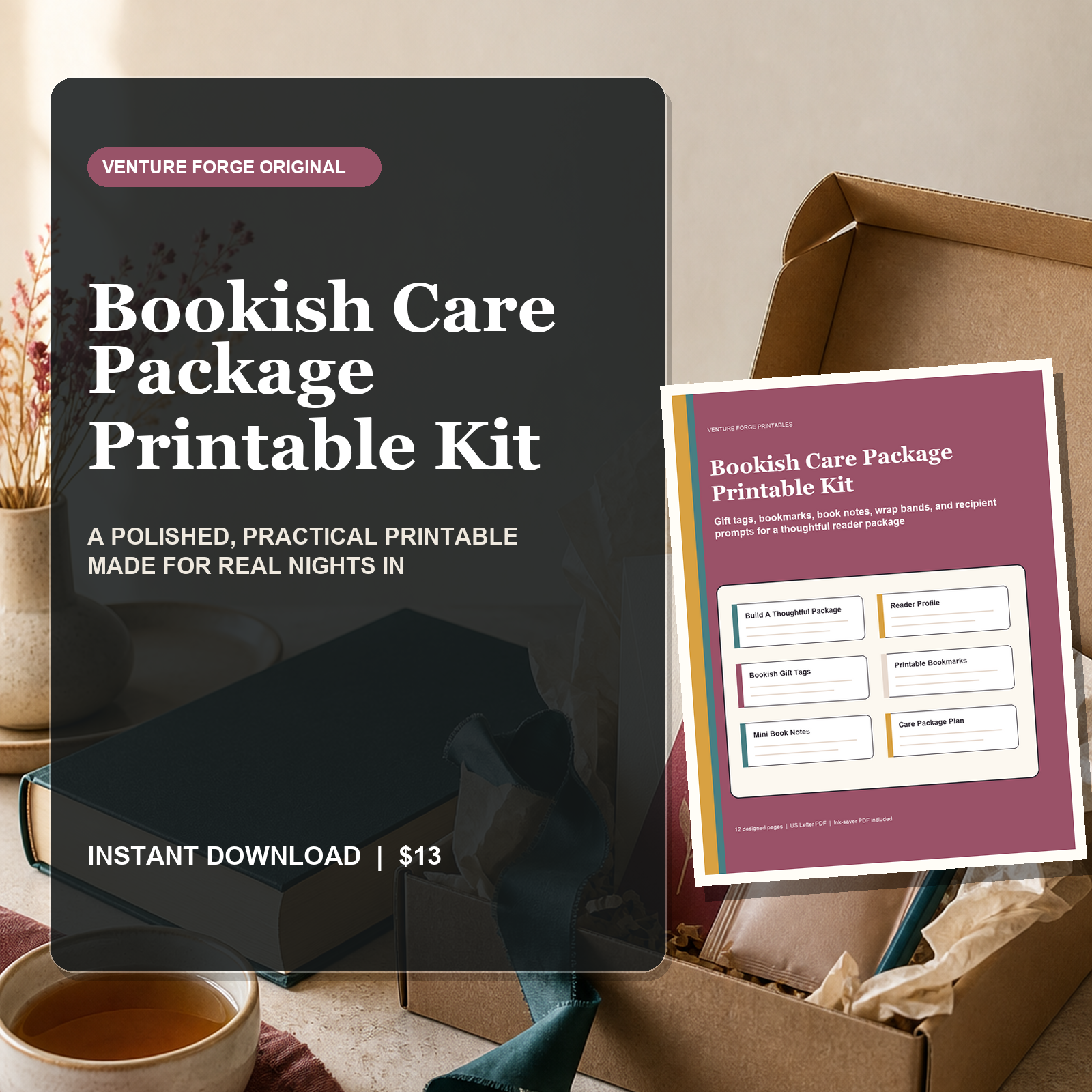 Bookish Care Package Printable Kit with gift tags, four bookmarks, mini book notes, wrap bands, and recipient reading prompts.