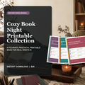 Cozy Book Night Printable Collection with reading nook, book-to-screen club night, and shelf swap party kits.