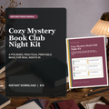 Cozy Mystery Book Club Night Kit with spoiler plan, clue log, suspect notes, prediction slips, discussion cards, and final case recap.