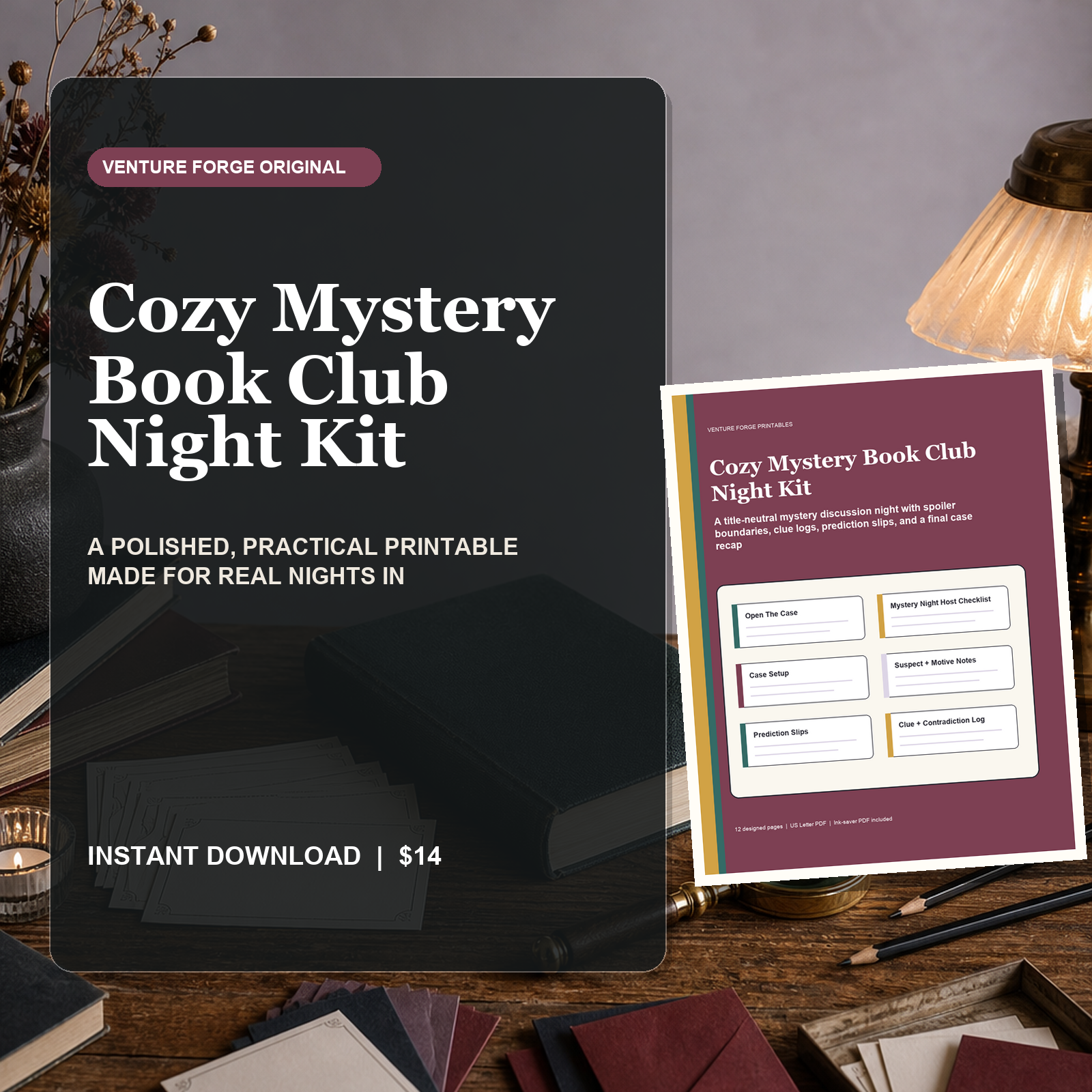 Cozy Mystery Book Club Night Kit with spoiler plan, clue log, suspect notes, prediction slips, discussion cards, and final case recap.