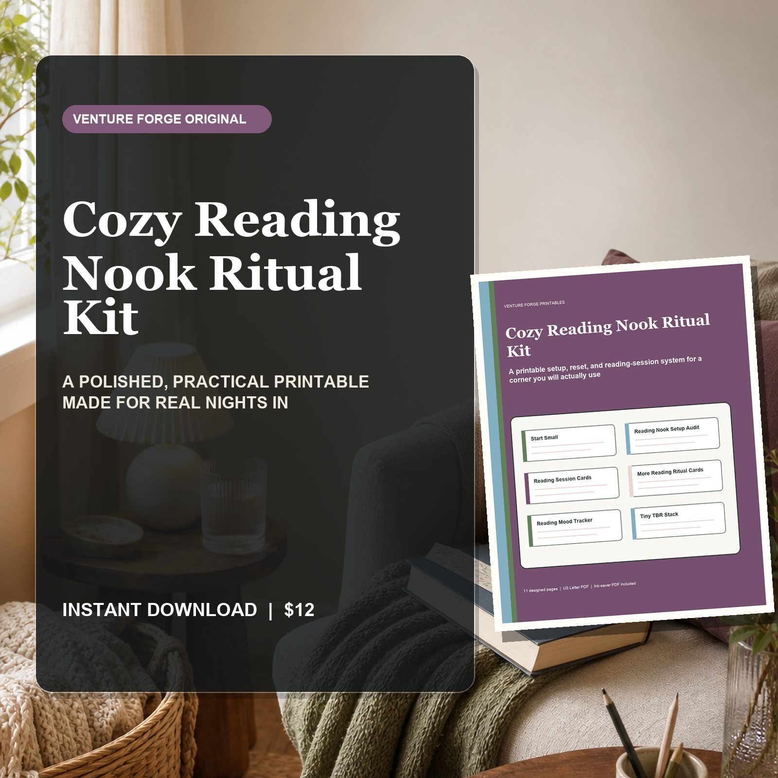 Cozy Reading Nook Ritual Kit printable with setup checklist, session cards, mood tracker, TBR planner, and reset pages.