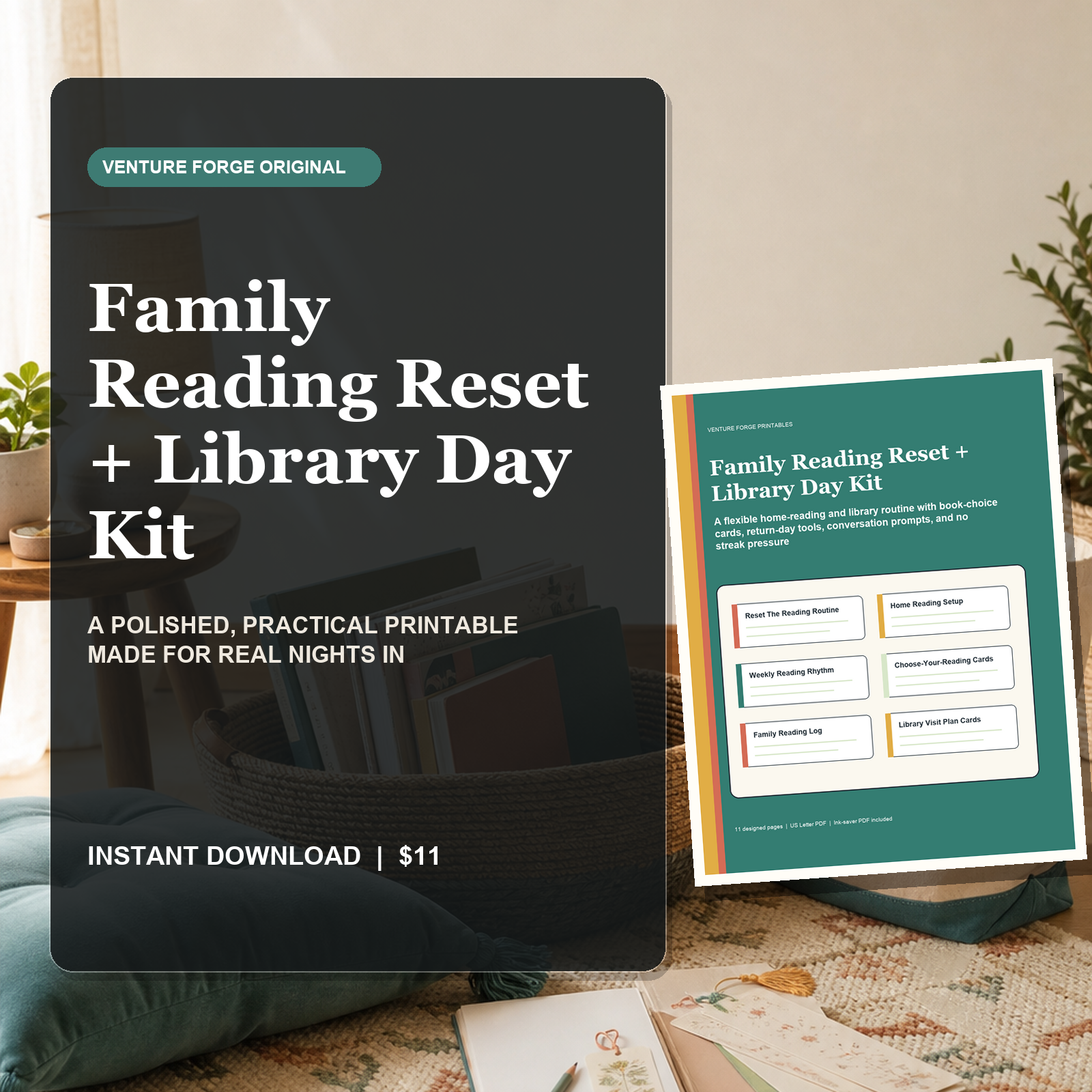 Family Reading Reset and Library Day Kit with home-reading setup, library return checklist, choice cards, family reading log, and bookmarks.
