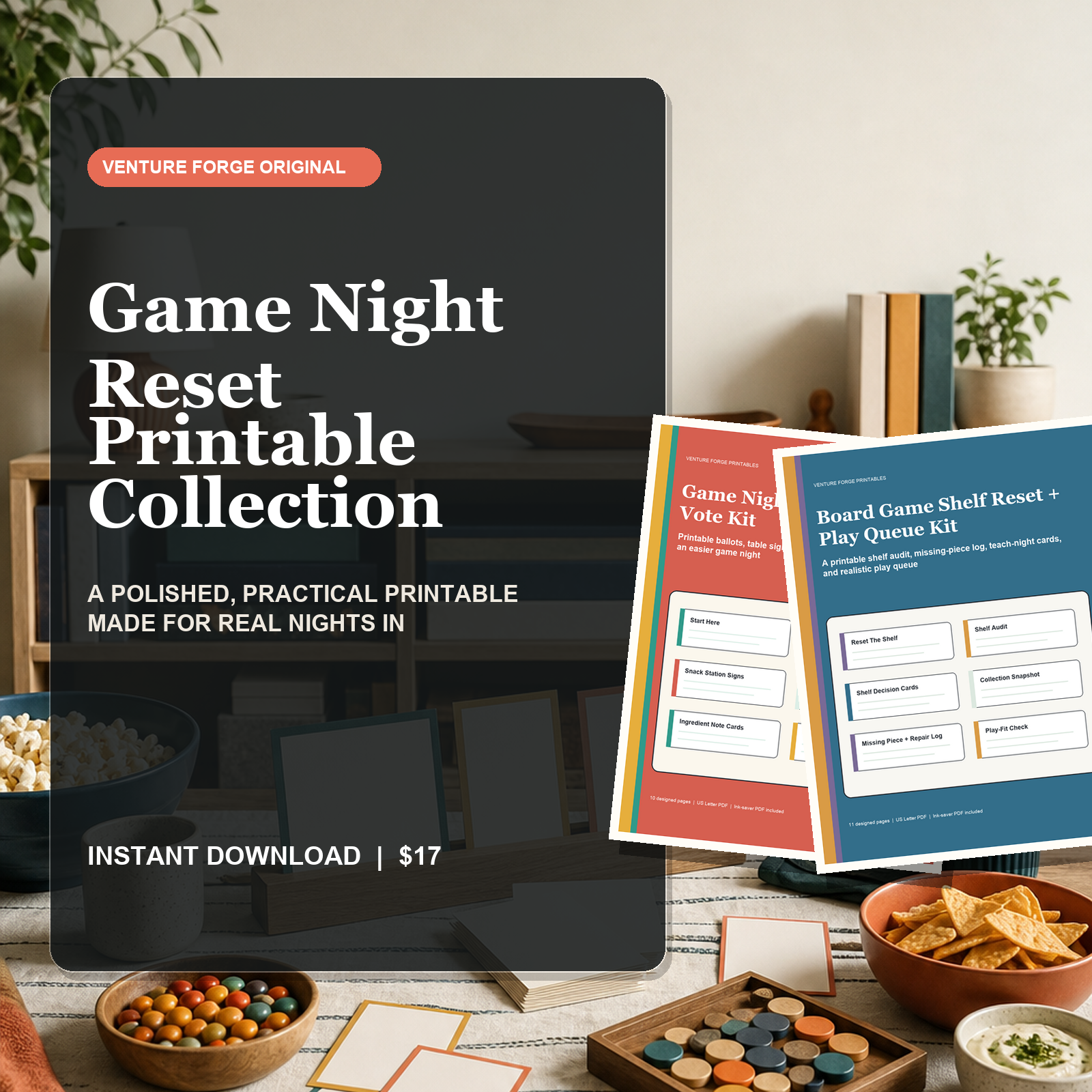 Game Night Reset Printable Collection with snack bar vote pages and a board-game shelf reset and play queue kit.