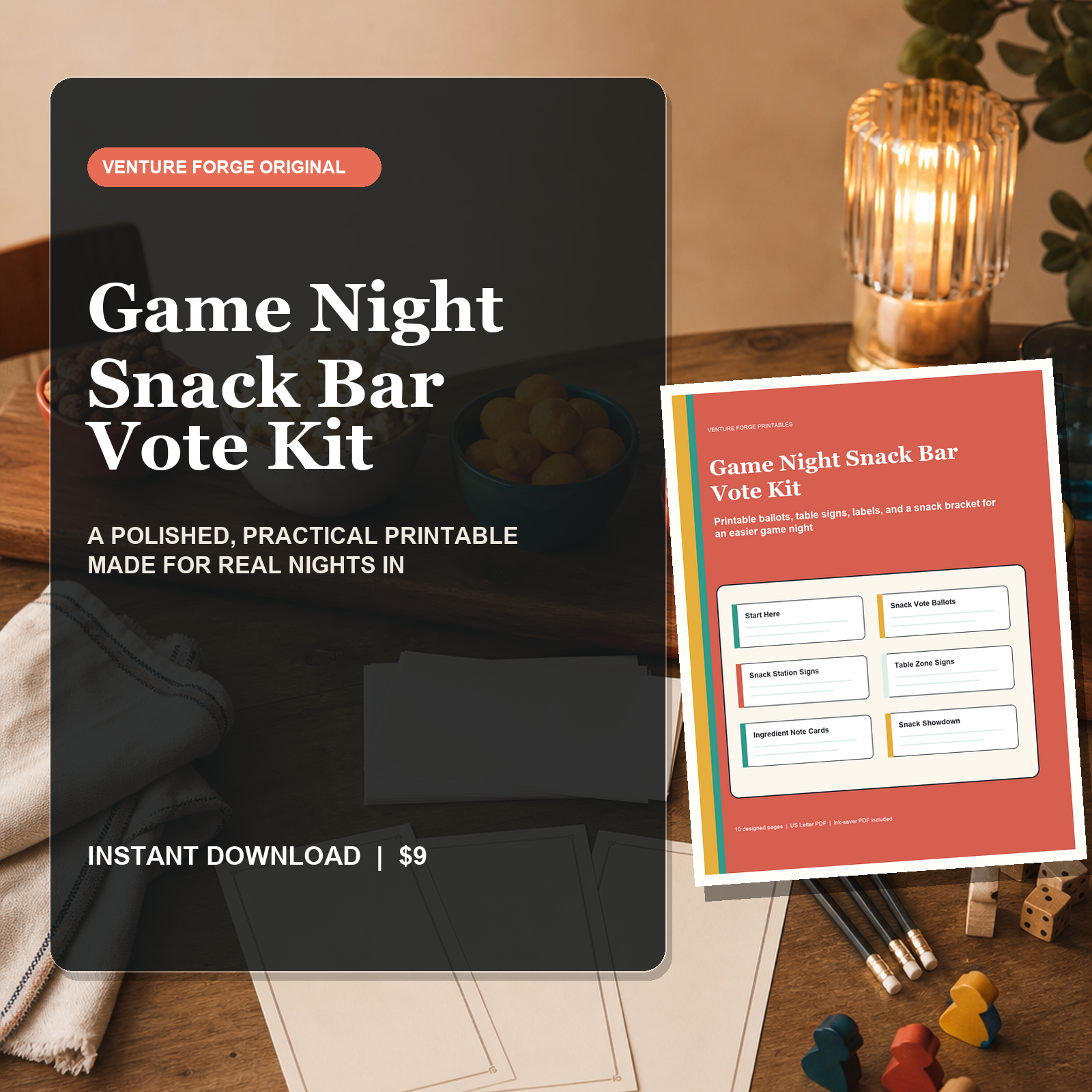 Game Night Snack Bar Vote Kit printable pages with snack ballots, table signs, labels, and a winners bracket.