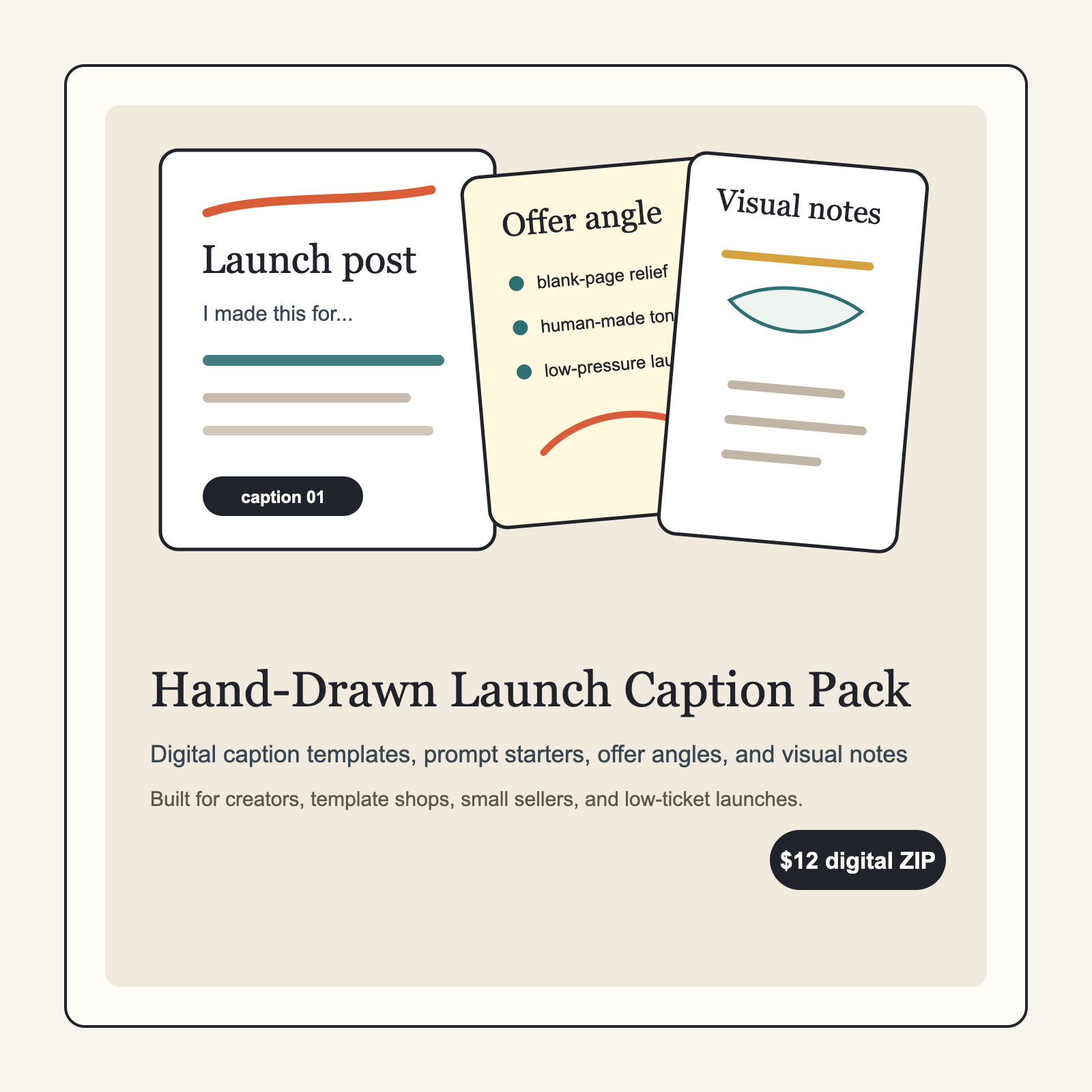 Hand-Drawn Launch Caption Pack digital download product card