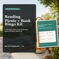 Reading Picnic and Book Bingo Kit with a 25-square reading bingo, picnic checklist, prompt cards, invitations, and weather backup.