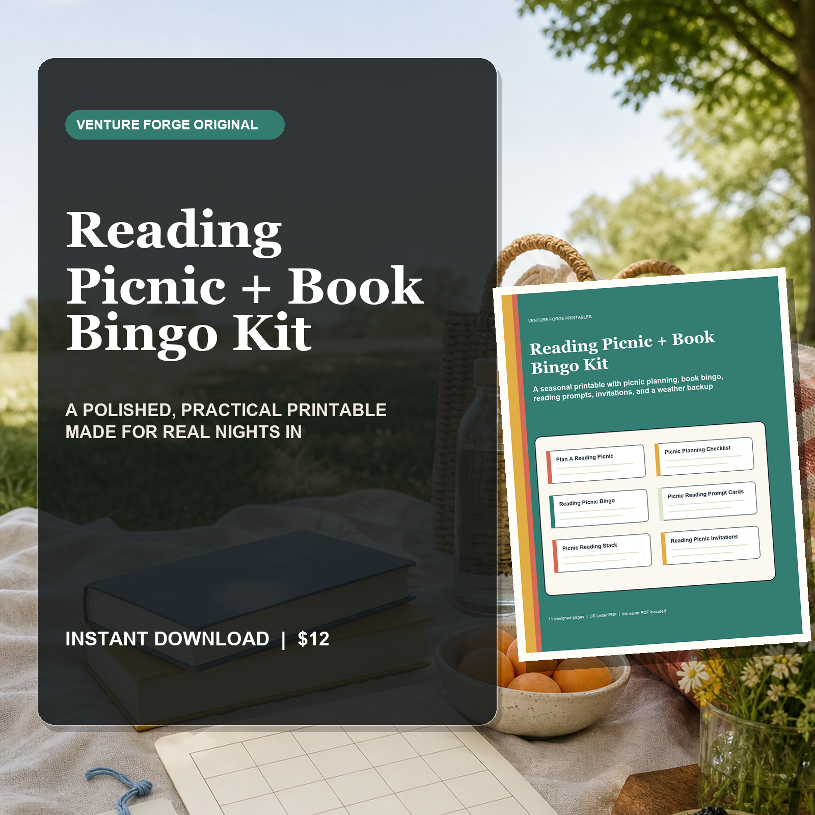 Reading Picnic and Book Bingo Kit with a 25-square reading bingo, picnic checklist, prompt cards, invitations, and weather backup.