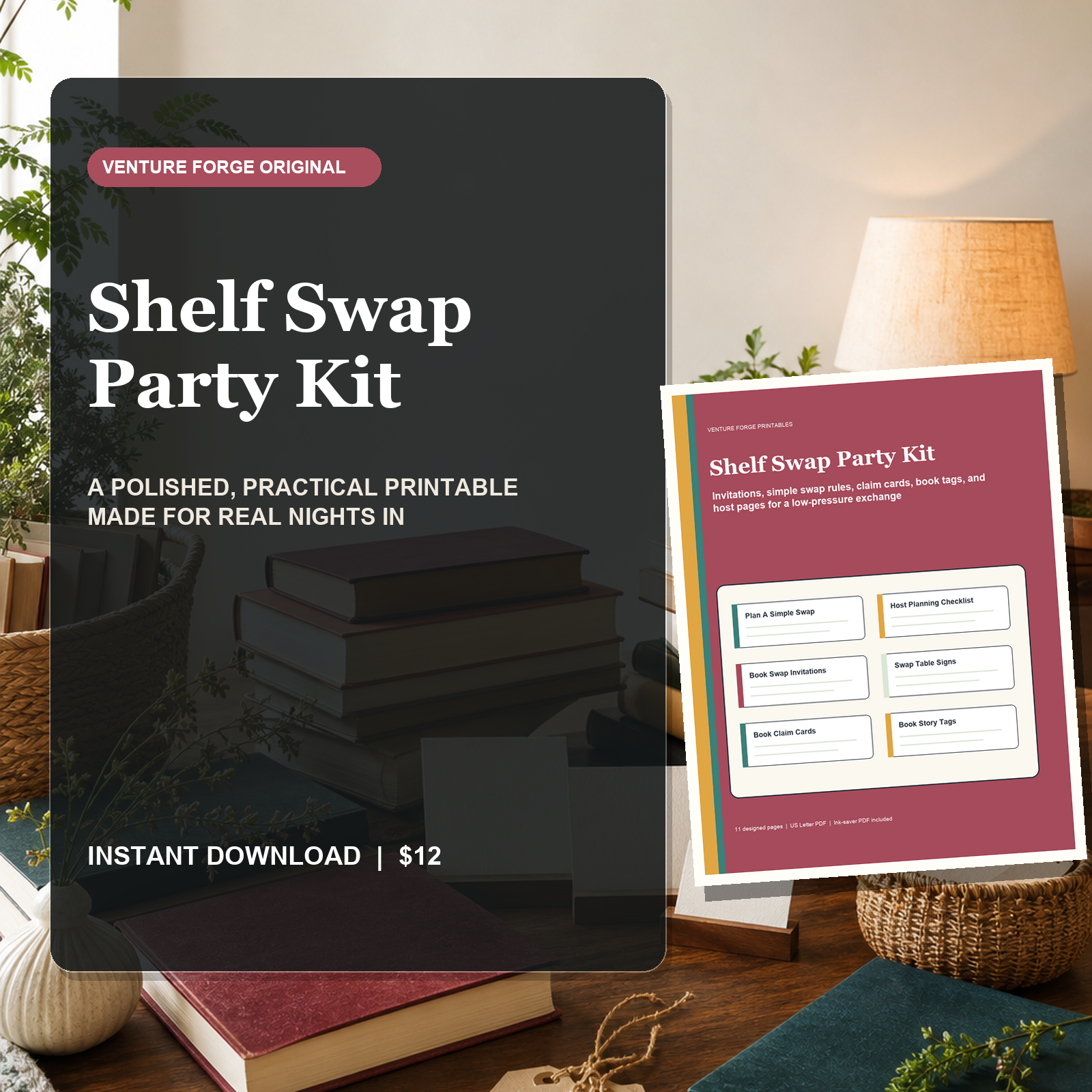 Shelf Swap Party Kit printable with invitations, book claim cards, swap rules, table signs, and host checklists.