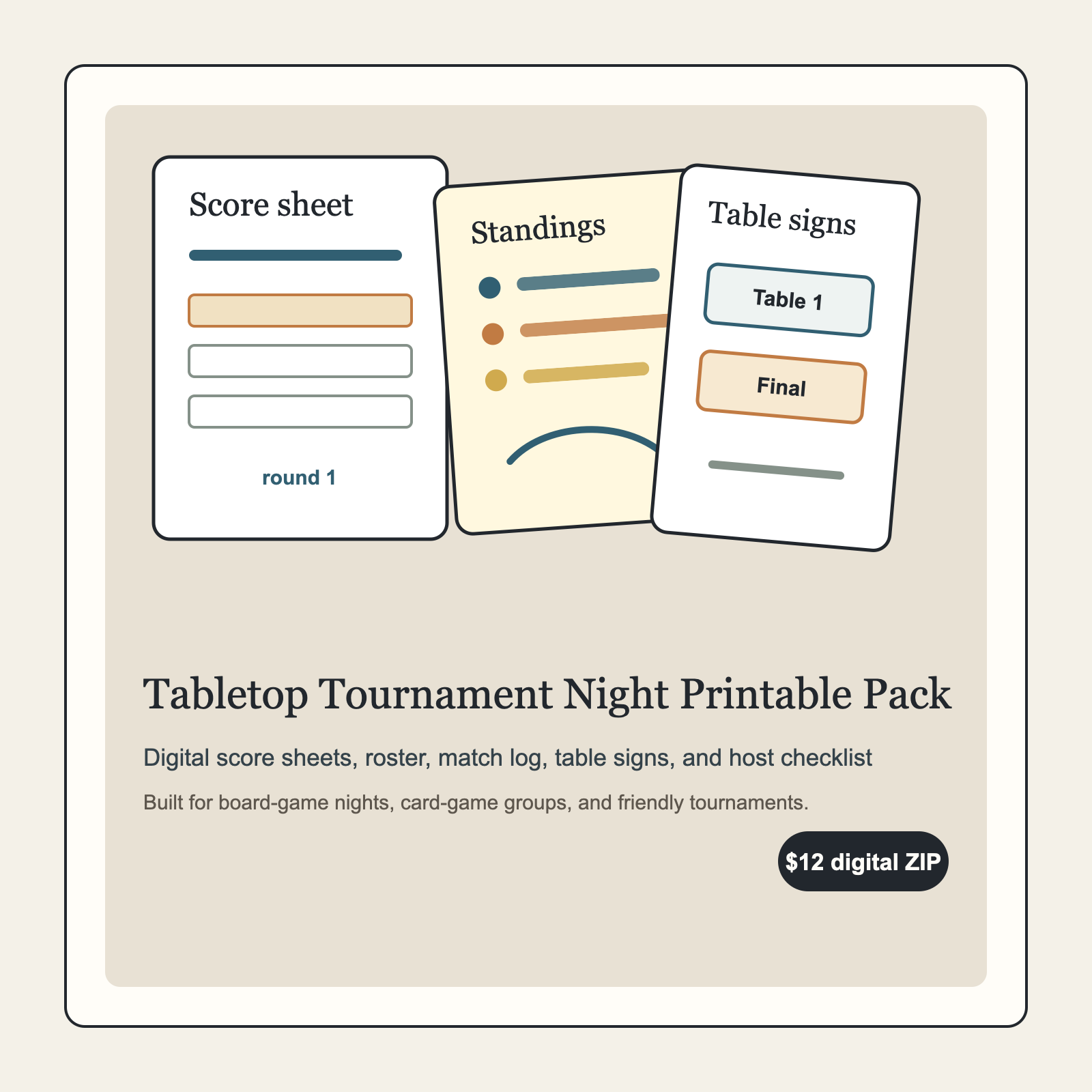 Tabletop Tournament Night Printable Pack digital download product card