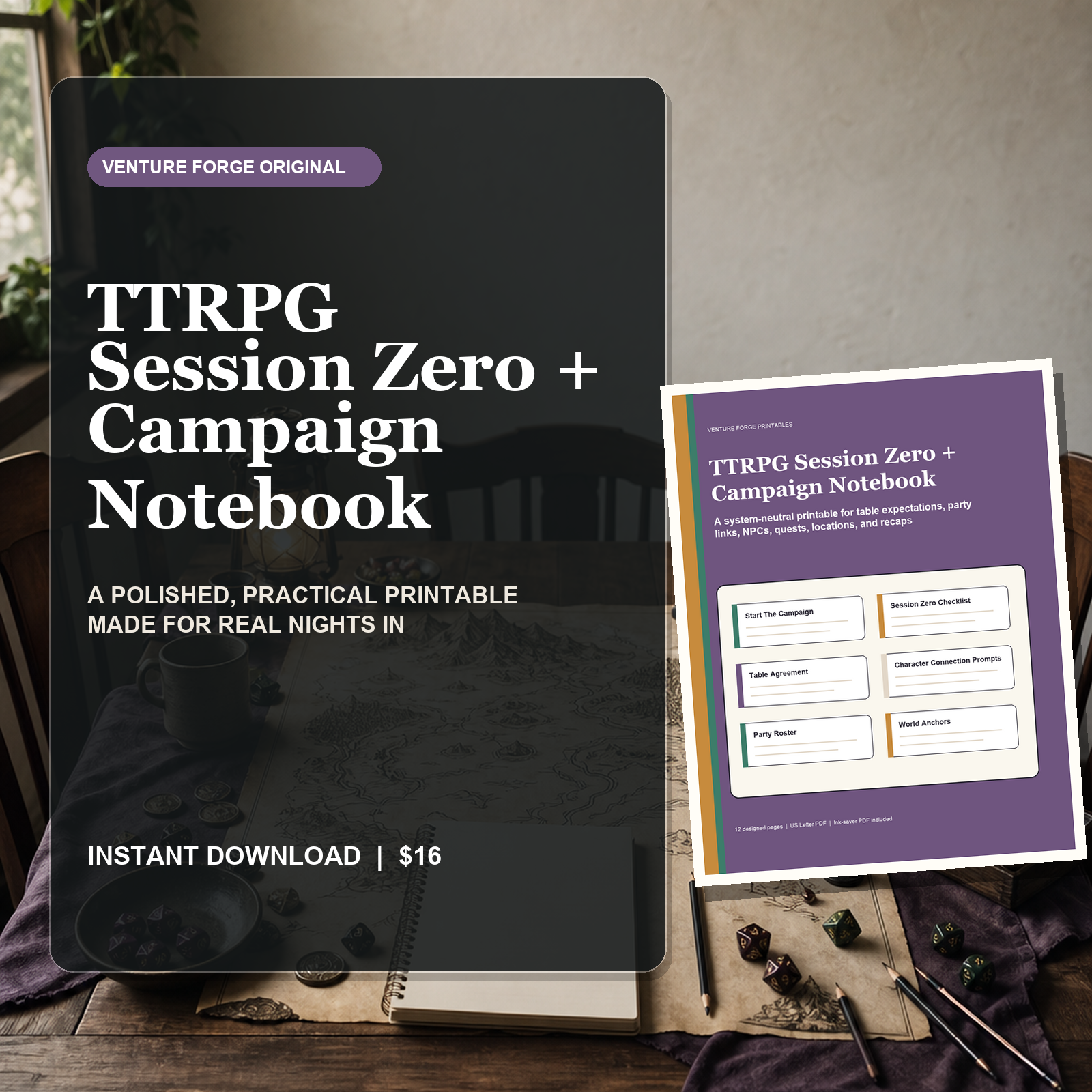 System-neutral TTRPG Session Zero and Campaign Notebook printable with party roster, quest log, NPC tracker, locations, and recap cards.